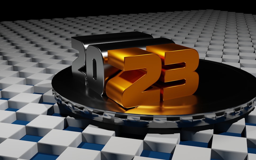 3D metallic and gold "2023" on futuristic grid, symbolizing innovation for succeeding in Digistore24 Affiliate Program.